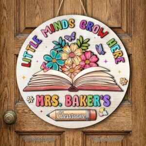 Personalized Little Minds Grow Here Classroom Sign Custom Teacher Name Wood Door Decor Round Wooden Welcome