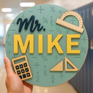 Personalized Math Teacher Door Sign Custom Name Plate For Classroom Mathematics Lab Decor Wooden Calculator And Protractor School Sign