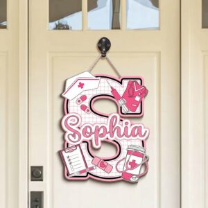 Personalized Nurse Initial Name Sign Custom Name Door Hanger Registered Nurse Graduation Gift Pink Medical Professional Office Decor