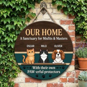 Personalized Our Home A Sanctuary For Misfits And Masters Wood Sign Custom Cat And Dog Names Funny With Their Own Paw-Erful Protectors Pet Wall Art