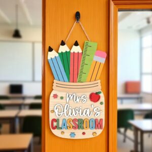 Personalized Pencil Jar Teacher Door Sign Custom Classroom Name Plate Wooden Apple And Ruler School Decor Unique Teacher Appreciation Gift