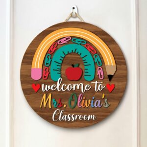 Personalized Pencil Rainbow Teacher Door Sign Custom Classroom Name Plate Dark Wood Welcome Sign With Apple And Paperclips School Decor