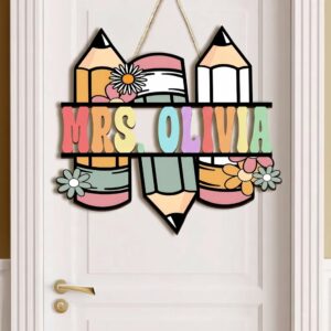 Personalized Pencil Teacher Door Sign Custom Name Plate For Classroom Retro Groovy Teacher Decor Wooden Back To School Gift