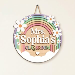 Personalized Rainbow Teacher Door Sign Custom Daisy Flower Classroom Decor Colorful Wooden Name Plate Boho Elementary Teacher Gift