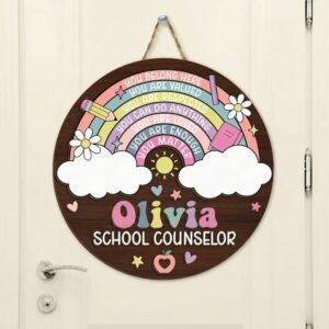 Personalized School Counselor Door Sign Custom Teacher Name  Rainbow Office Decor Round Wooden Sign Appreciation Gift