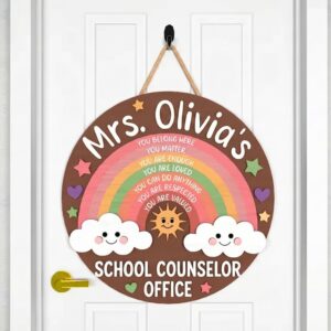 Personalized School Counselor Door Sign Custom Teacher Name  Rainbow Office Decor Round Wooden Sign