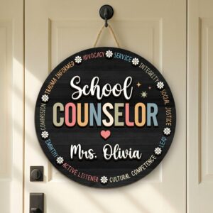 Personalized School Counselor Door Sign Custom Teacher Name Wood Office Decor Social Justice And Empathy Sign