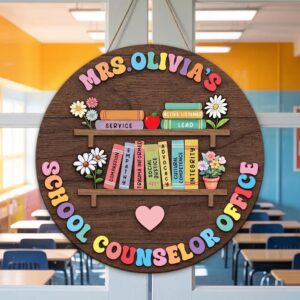 Personalized School Counselor Office Sign, Custom Teacher Name Wood Door Hanger, Bookshelf Decor, Appreciation Gift