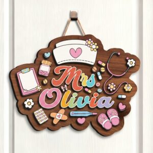 Personalized School Nurse Door Sign Custom Die-Cut Wooden Nurse Name Plate Dark Wood Medical Office Decor Nursing Appreciation Gift