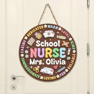 Personalized School Nurse Door Sign Custom Dark Wood Nursing Office Decor Medical Icon Circle Name Plate Healthcare Appreciation Gift