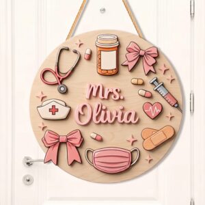 Personalized School Nurse Door Sign Custom Pink Ribbon Medical Office Decor Wooden Nurse Name Plate Healthcare Gift