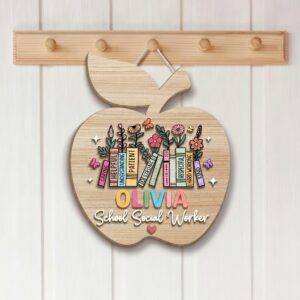 Personalized School Social Worker Apple Sign Custom Wooden Floral Bookstack Decor Social Work Appreciation Gift Apple Shaped Office Door Hanger
