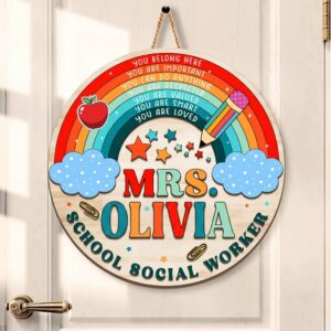 Personalized School Social Worker Door Sign Custom Wooden Rainbow Classroom Decor You Belong Here Affirmation Sign Teacher Gift