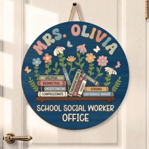 Personalized School Social Worker Office Sign Custom Wooden Floral Bookshelf Decor Mental Health Awareness Gift Teacher Name Plate