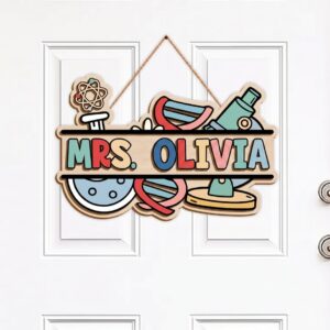 Custom Science Teacher Door Sign Personalized Science Lab Wooden Plaque Microscope and Atom Shaped Door Decor Teacher Appreciation Gift