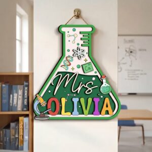 Personalized Science Teacher Name Sign Custom Name Flask Shaped Wood Door Hanger Laboratory Classroom Decor Appreciation Gift