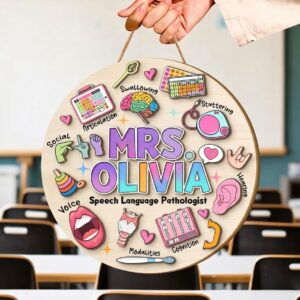 Personalized Speech Language Pathologist Door Sign Custom Name Plate For Slp Office Decor Round Wooden Clinician Gift