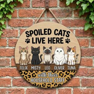 Personalized Spoiled Cats Live Here Wood Sign Custom Cat Names And Illustrations Wall Art Funny With Their Household Staff Leopard Print Door Decor