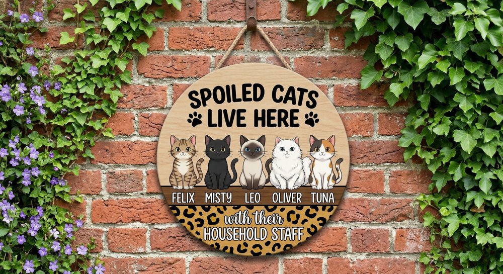 Personalized Spoiled Cats Live Here Wood Sign Custom Cat Names And Illustrations Wall Art Funny With Their Household Staff Leopard Print Door Decor