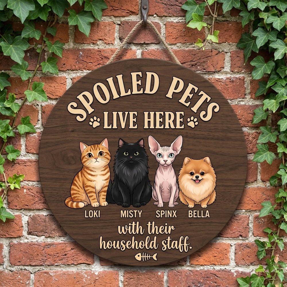 Personalized Spoiled Pets Live Here With Their Household Staff Wood Sign Custom Cat And Dog Names Funny Pet Lover Home Decor Entryway Wall Art