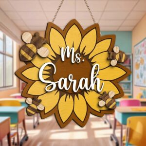 Personalized Sunflower Teacher Name Sign Custom Wooden Bumblebee Door Hanger Unique Shape Classroom Decor Teacher Appreciation Gift