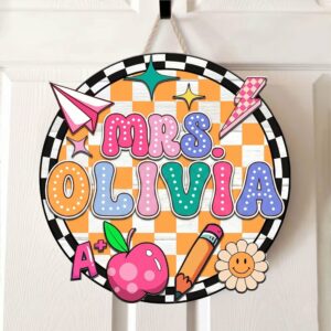 Personalized Teacher Classroom Door Sign Custom Wooden Name Plate Orange Checkerboard Retro Decor Back To School Teacher Gift