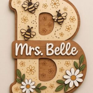 Personalized Teacher Initial Name Sign Custom Wood Door Hanger Wooden Sign With Bees And Daisies Appreciation Gift