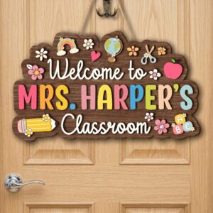 Personalized Teacher Name Classroom Sign Custom Wood Welcome Door Hanger Decor