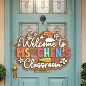 Personalized Teacher Name Classroom Sign Custom Rainbow And Daisy Wood Door Decor Appreciation Gift