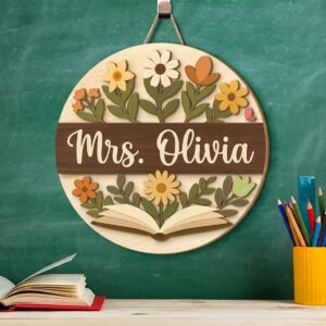 Personalized Teacher Name Classroom Sign Custom Floral Book Wood Door Hanger