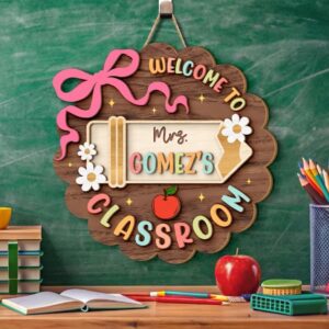 Personalized Teacher Name Classroom Sign Custom Wooden Pencil Door Hanger Welcome Sign Appreciation Gift