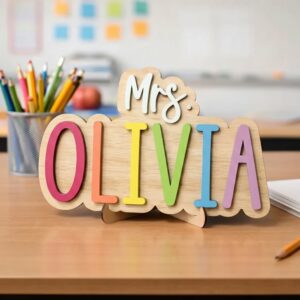 Personalized Teacher Name Desk Sign Custom Wood Classroom Plaque And Stand Appreciation Gift End Of Year Present