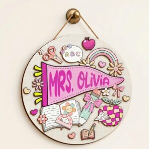 Personalized Teacher Name Sign For Classroom Door Custom Wooden Pennant Decor Pink School Supplies Door Hanger Teacher Appreciation Gift