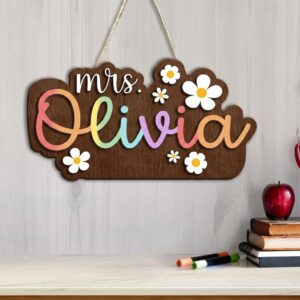 Personalized Teacher Name Sign Custom Teacher Wood Door Decor With White Flowers Appreciation Gift