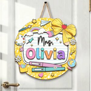 Personalized Teacher Name Sign For Classroom Door Custom Wooden Composition Notebook Decor Yellow School Supplies Door Hanger Teacher Appreciation Gift
