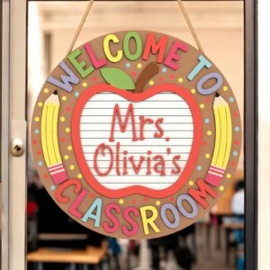 Personalized Teacher Name Sign Custom Name Apple Wood Door Hanger Classroom Welcome Decor