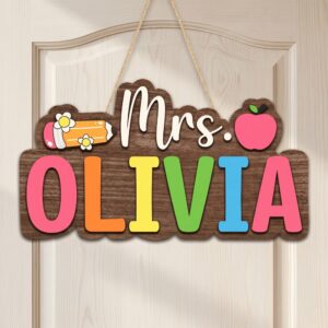 Personalized Teacher Name Sign Custom Wooden Classroom Door Hanger With Pencil And Apple