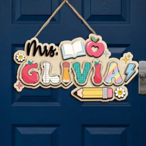 Personalized Teacher Name Sign Custom Wood Door Hanger Doodle School Icon Decor Appreciation Gift Welcome Sign