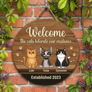 Personalized The Cats Tolerate Our Existence Wood Sign Custom Cat Names And Illustrations Wall Art Funny Pet Owner Established Year Door Decor