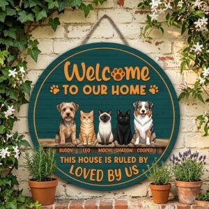 Personalized This House Is Ruled By Loved By Us Wood Sign Custom Dog And Cat Names Wall Art Funny Multi Pet Owner Entryway Door Decor