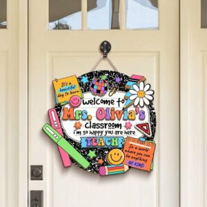 Personalized Welcome To Classroom Door Sign Custom Wooden Teacher Name Sign With Inspirational Quotes Colorful School Supplies Decor Teacher Gift