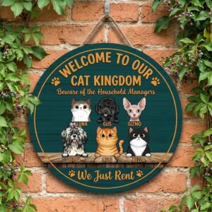 Personalized Welcome To Our Cat Kingdom Wood Sign Custom Cat And Dog Names Wall Art Funny Beware Of Household Managers We Just Rent Hanging Plaque