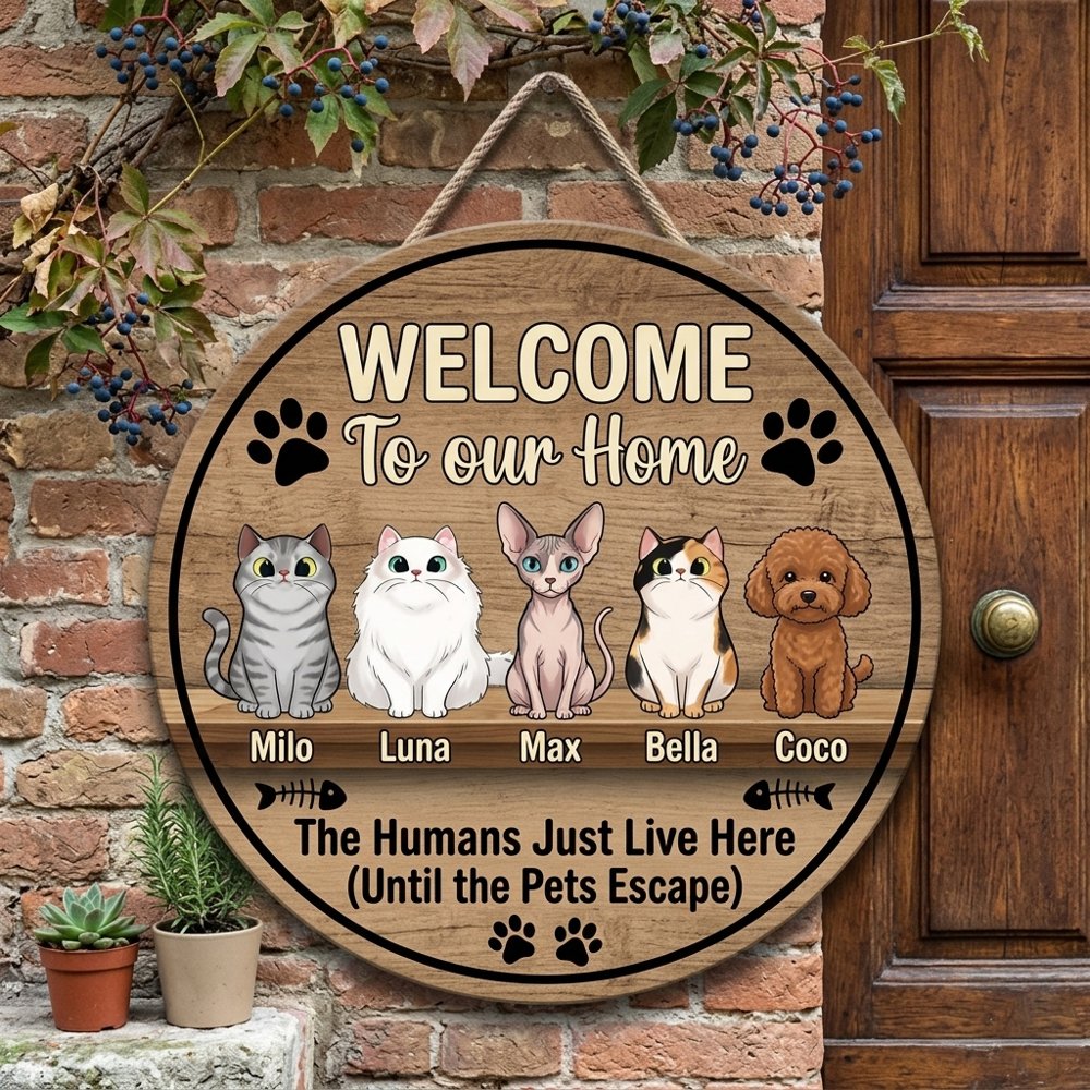 Personalized Welcome To Our Home Wood Sign Custom Cat And Dog Names Funny The Humans Just Live Here Until The Pets Escape Wall Art Decor