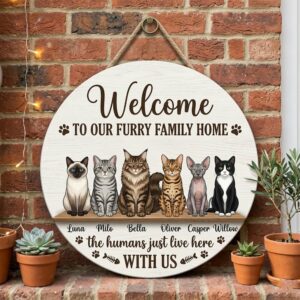 Personalized Welcome To Our Furry Family Home Wood Sign Custom Cat Names And Illustrations Wall Art The Humans Just Live Here With Us Door Decor