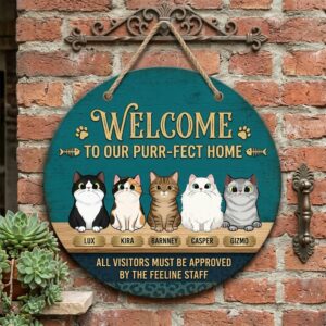 Personalized Welcome To Our Purr-Fect Home Wood Sign Custom Cat Names Door Decor All Visitors Must Be Approved By The Feeline Staff Hanging Plaque