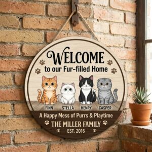 Personalized Welcome To Our Fur-Filled Home Wood Sign Custom Cat Names And Illustrations A Happy Mess Of Purrs And Playtime Pet Decor Wall Art