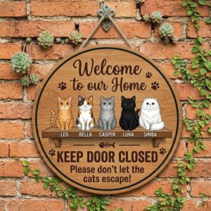 Personalized Welcome To Our Home Wood Sign Keep Door Closed Please Don't Let The Cats Escape Custom Pet Names And Illustrations Hanging Plaque