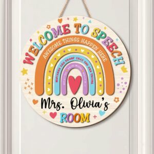 Personalized Welcome To Speech Door Sign Custom Rainbow Room Name Plate Slp Classroom Decor Round Wooden Teacher Gift