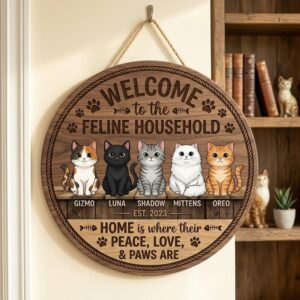Personalized Welcome To The Feline Household Wood Sign Custom Cat Names And Illustrations Home Is Where Their Peace Love And Paws Are Wall Art Decor