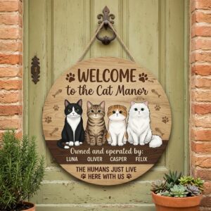 Personalized Welcome To The Cat Manor Wood Sign Custom Cat Names And Illustrations Funny Owned And Operated By Cats Pet Decor Wall Art